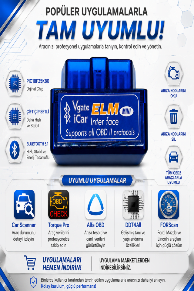 Vgate İcar Elm Obd2 Çift Anakartlı Bluetooth PIC18F25K80 Destekli DDT4ALL-TORQUE Pro-Dtcfix İOS Android Uyumlu