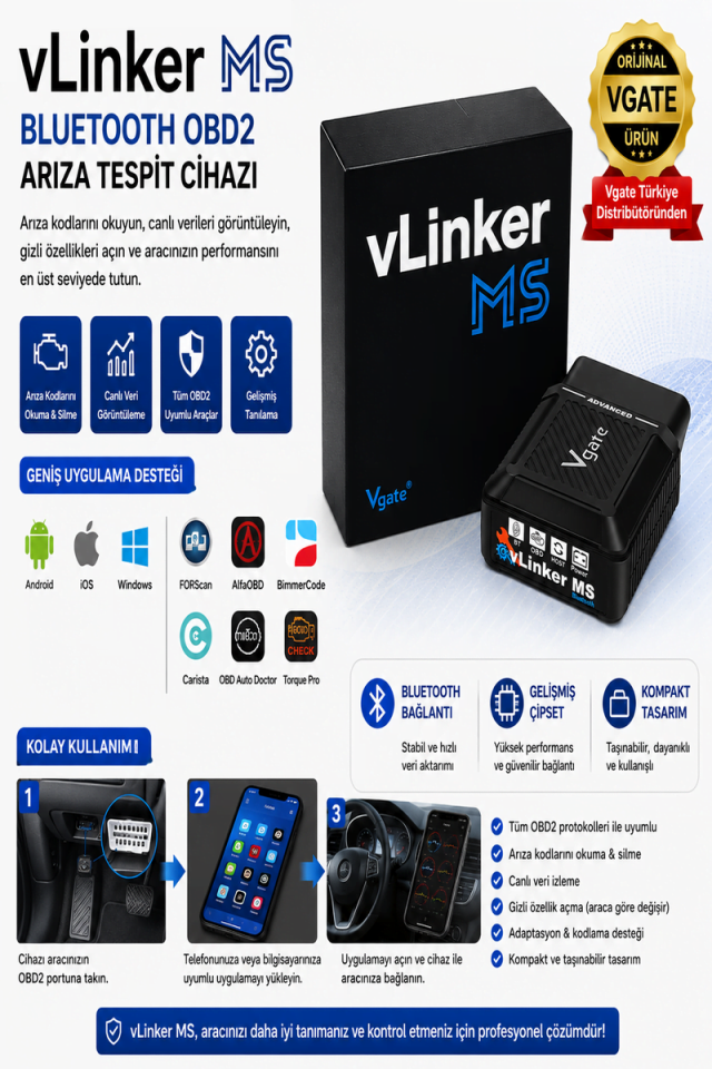 vLinker MS Gizli Özellik Açma ve Programlama ve Arıza Teşhis Cihazı  Multiecuscan, Forscan Bimmercode