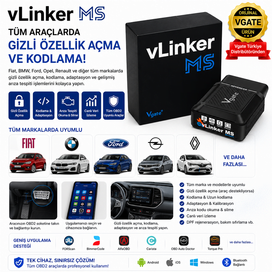 vLinker MS Gizli Özellik Açma ve Programlama ve Arıza Teşhis Cihazı  Multiecuscan, Forscan Bimmercode