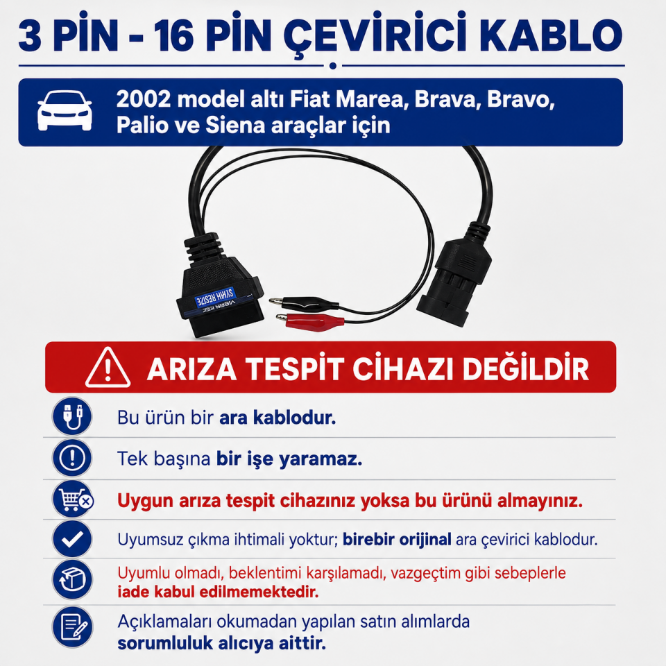 3 pin Çevirici Kablo İnce Uç - Fiat Marea Brava Bravo Palio Siena Doğan ie Uyumlu