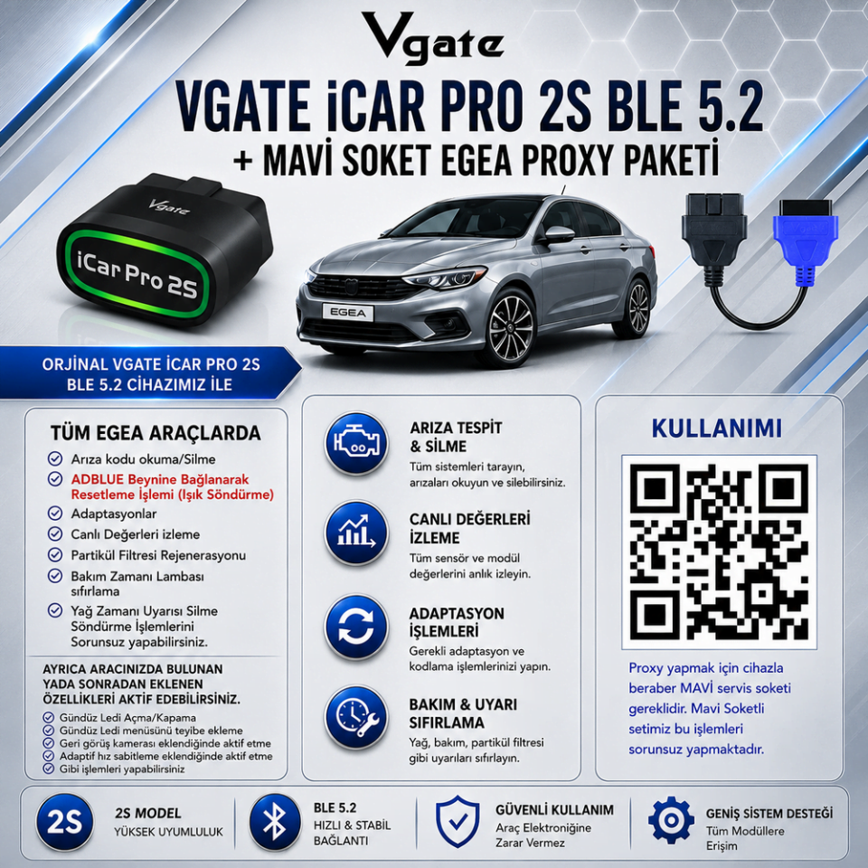 iCar Pro 2s ve Mavi Soket - Egea Gizli Özellik Aktif Etme ve Arıza Tespit Proxy Seti