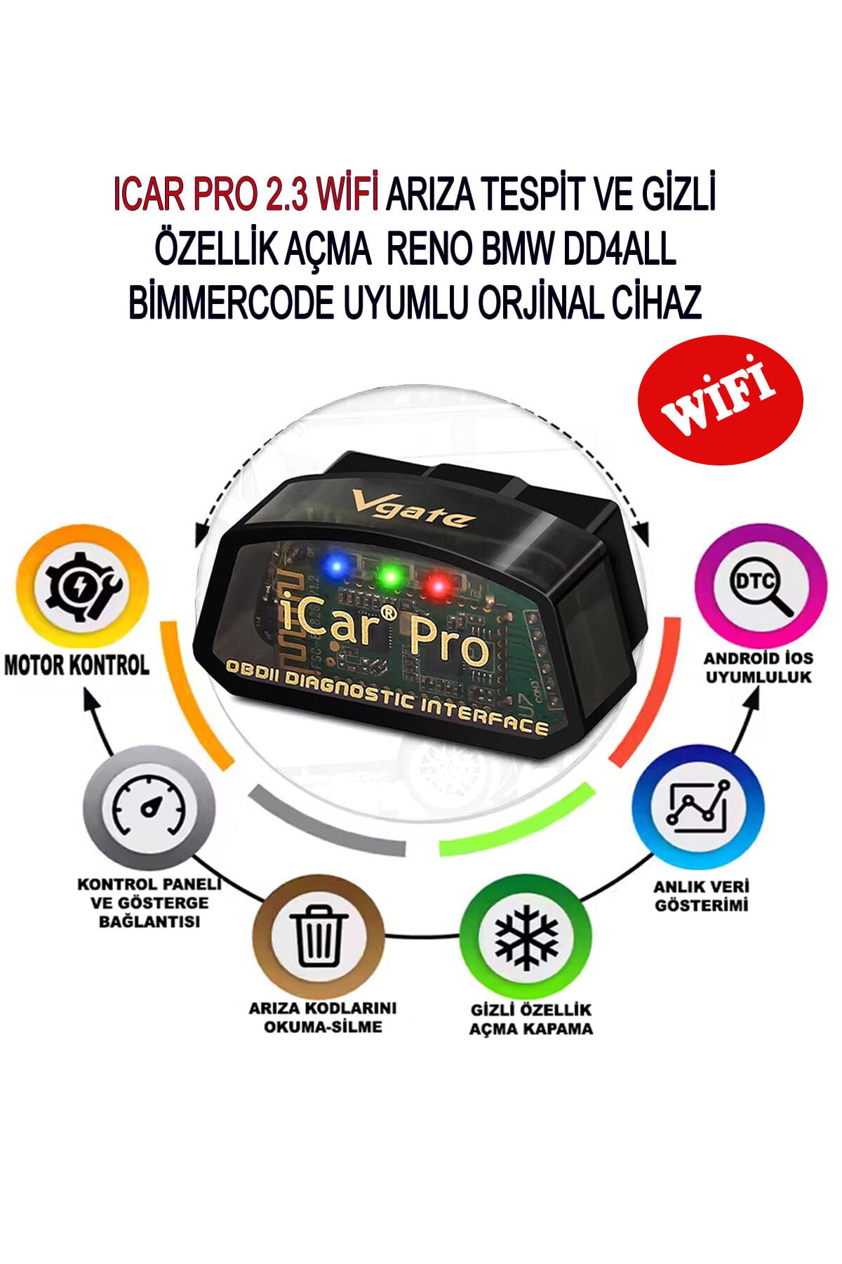 vGate iCar Pro WiFi 2.3V Bandrollü Arıza Tespit ve Gizli Özellik Açma Cihazı