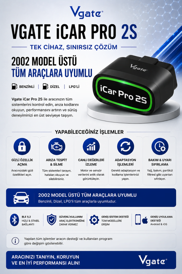 iCar PRO 2S Bluetooth 5.2 Arıza Tespit ve Gizli Özellik Açma Cihazı