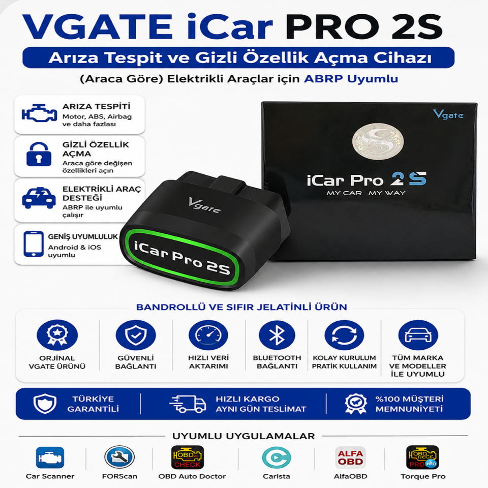 iCar PRO 2S Bluetooth 5.2 Arıza Tespit ve Gizli Özellik Açma Cihazı