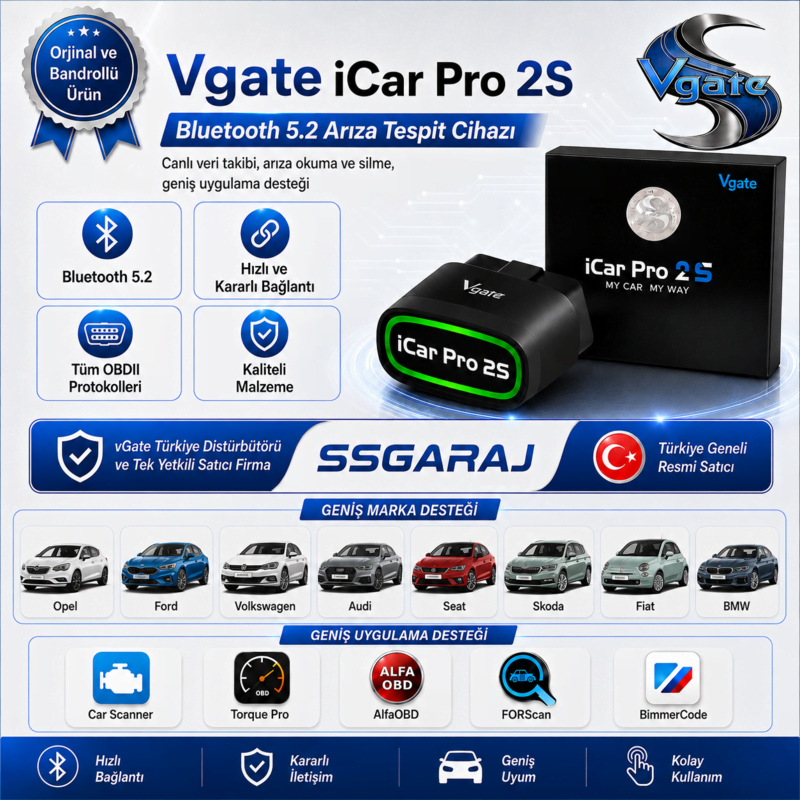 iCar Pro 2S Bluetooth v5.2 Arıza Tespit ve Gizli Özellik Açma Cihazı