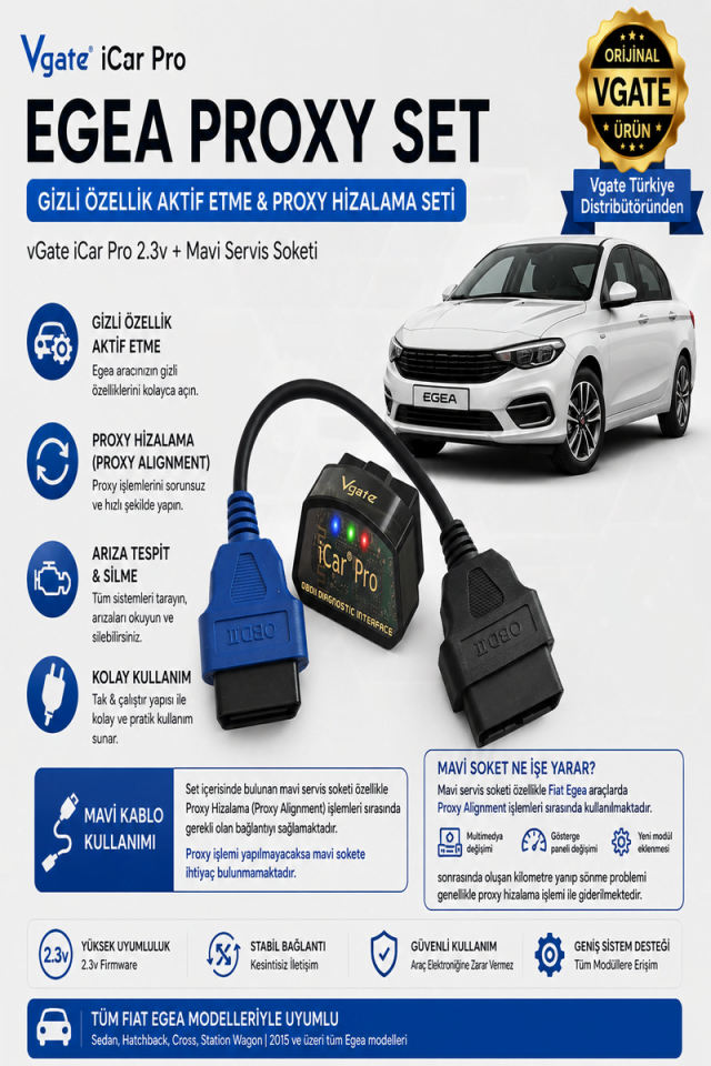 vGate iCar Pro & Mavi Soket Fiat Egea Uyumlu Gizli Özellik Aktif Etme Ve Ariza Tespit Seti