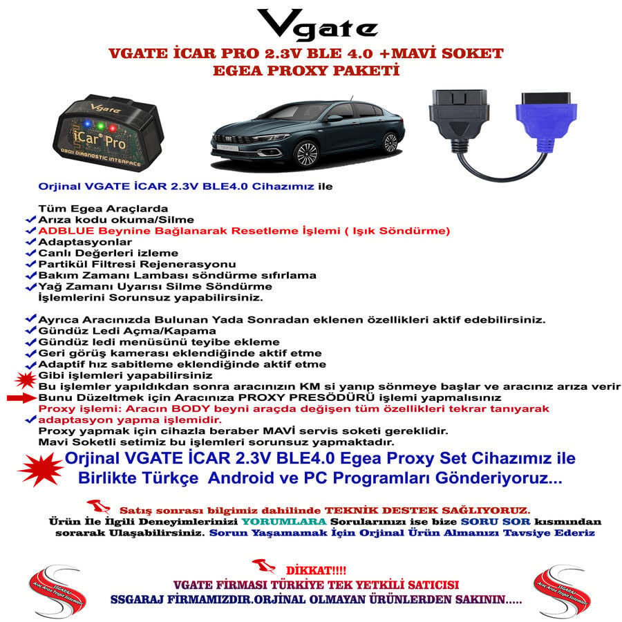 vGate iCar Pro & Mavi Soket Fiat Egea Uyumlu Gizli Özellik Aktif Etme Ve Ariza Tespit Seti
