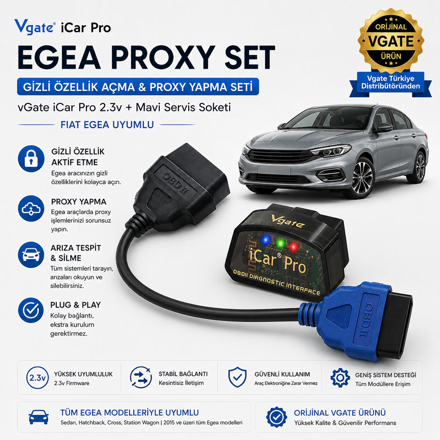 vGate iCar Pro & Mavi Soket Fiat Egea Uyumlu Gizli Özellik Aktif Etme Ve Ariza Tespit Seti