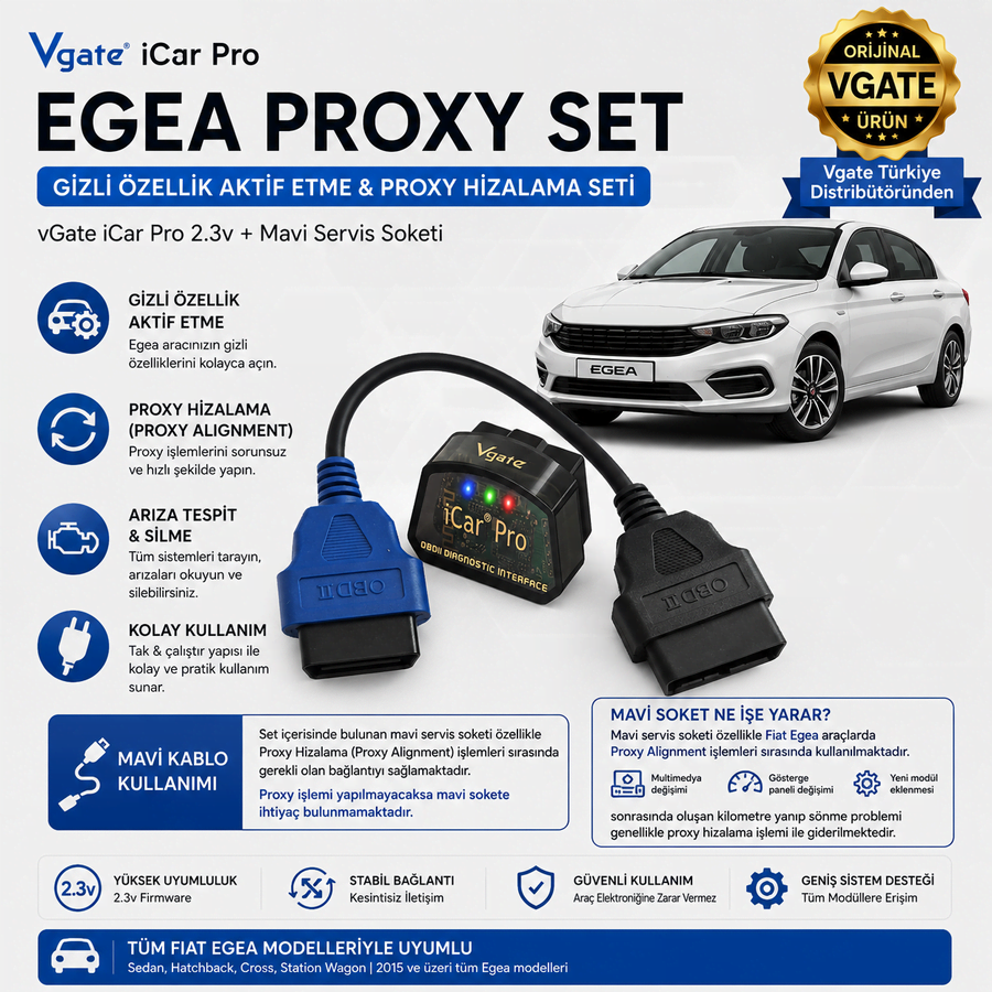 vGate iCar Pro & Mavi Soket Fiat Egea Uyumlu Gizli Özellik Aktif Etme Ve Ariza Tespit Seti
