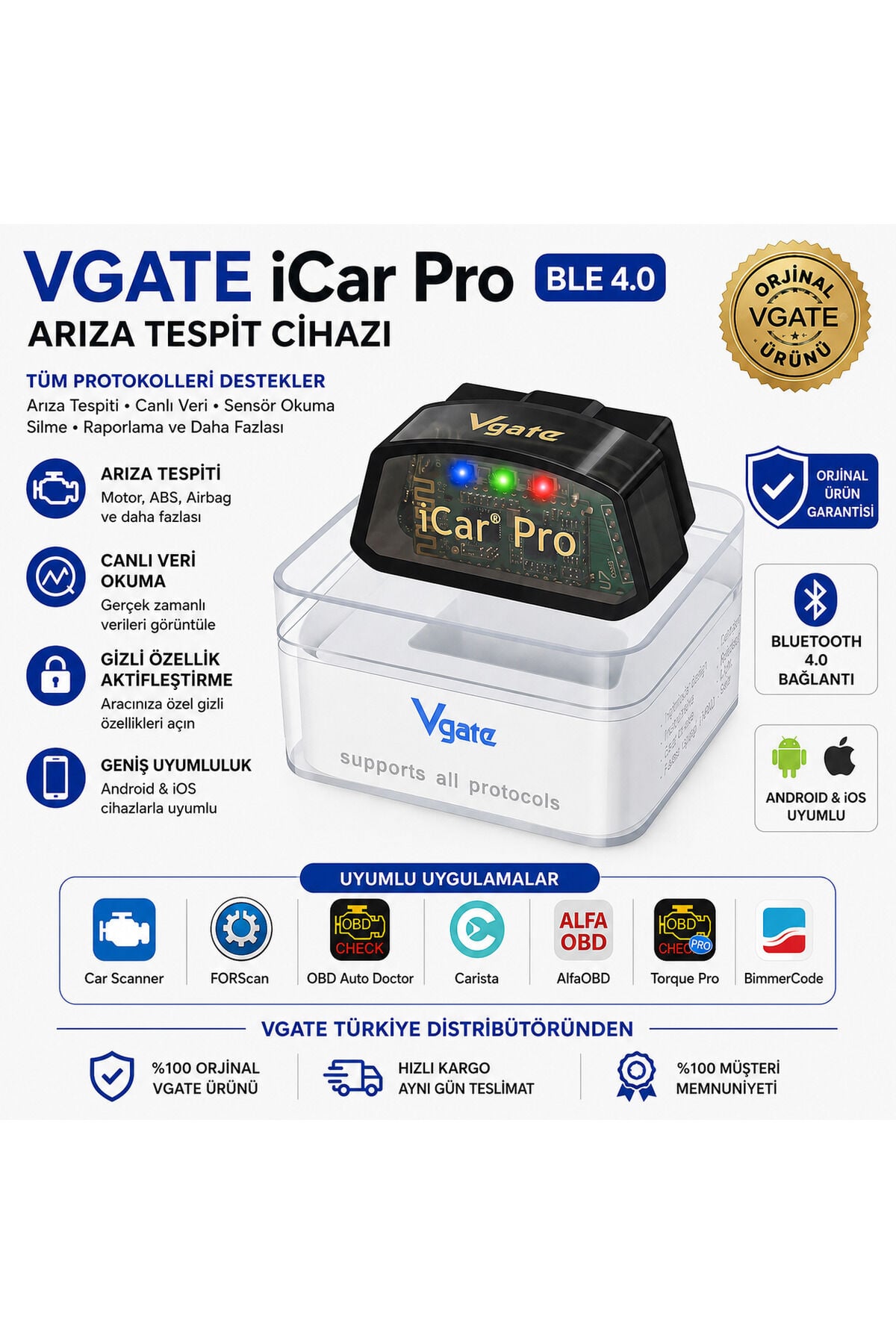 vGate iCar Pro Bluetooth 4.0 ble Arıza Tespit Ve Gizli Özellik Açma Cihazı