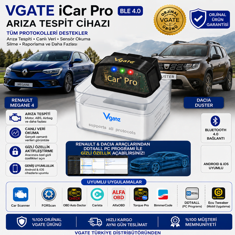 vGate iCar Pro Bluetooth 4.0 ble Arıza Tespit Ve Gizli Özellik Açma Cihazı