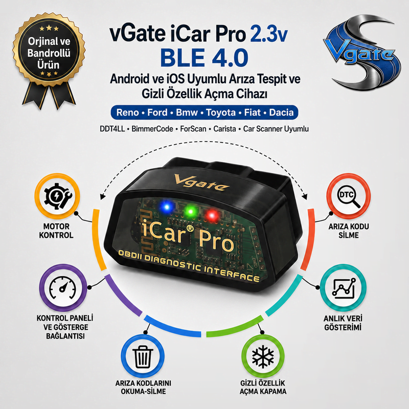 vGate iCar Pro Bluetooth 4.0 ble Arıza Tespit Ve Gizli Özellik Açma Cihazı