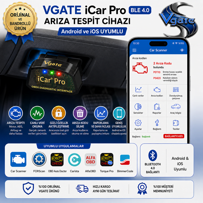 vGate iCar Pro Bluetooth 4.0 ble Arıza Tespit Ve Gizli Özellik Açma Cihazı