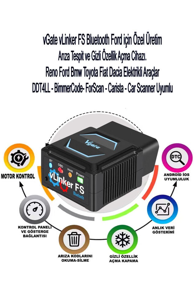 vLinker FS Bluetooth Ford FORScan Gizli Özellik Açma Ve Arıza Tespit Cihazı HS/MS-CAN
