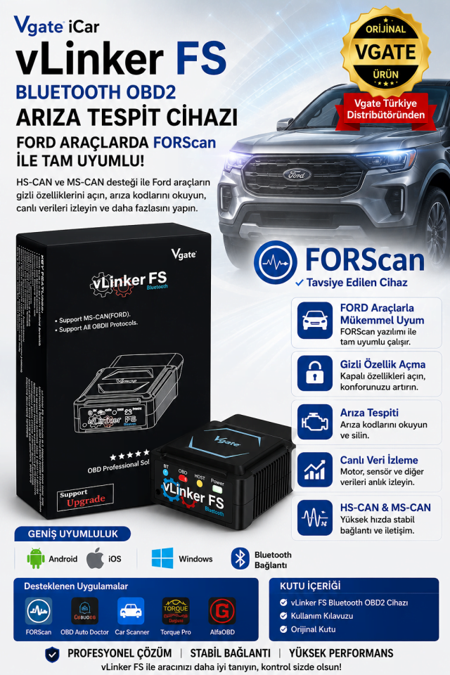 vLinker FS Bluetooth Ford FORScan Gizli Özellik Açma Ve Arıza Tespit Cihazı HS/MS-CAN