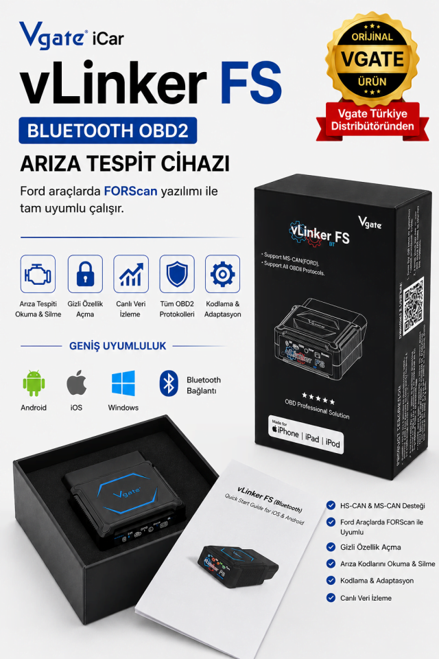 vLinker FS Bluetooth Ford FORScan Gizli Özellik Açma Ve Arıza Tespit Cihazı HS/MS-CAN
