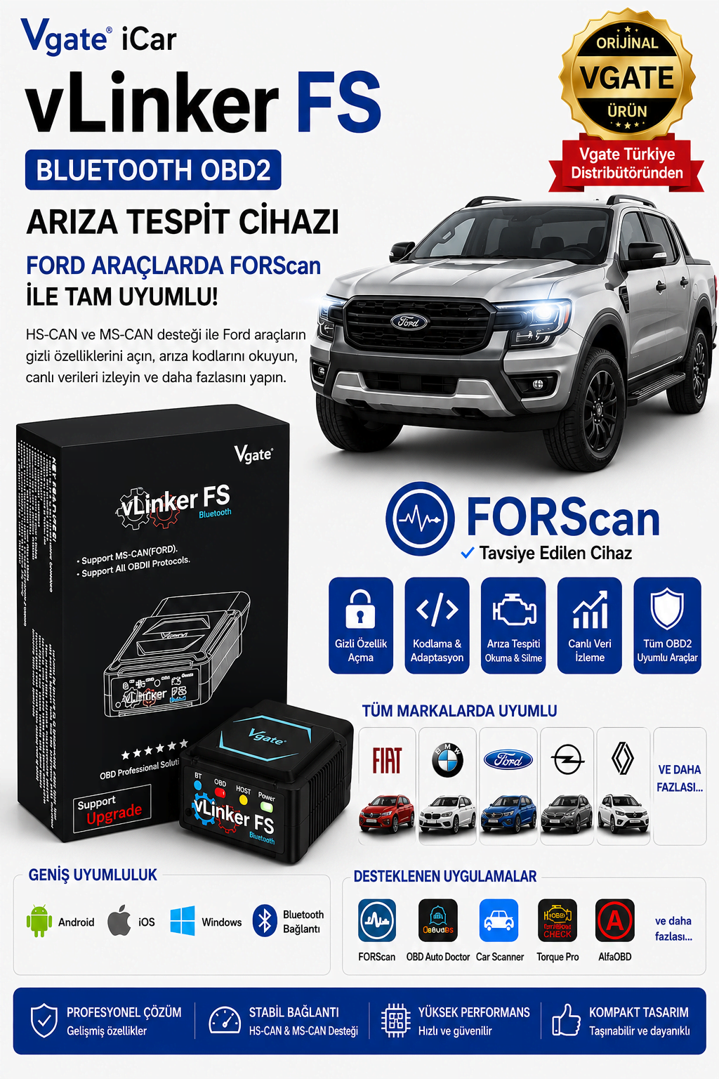 vLinker FS Bluetooth Ford FORScan Gizli Özellik Açma Ve Arıza Tespit Cihazı HS/MS-CAN