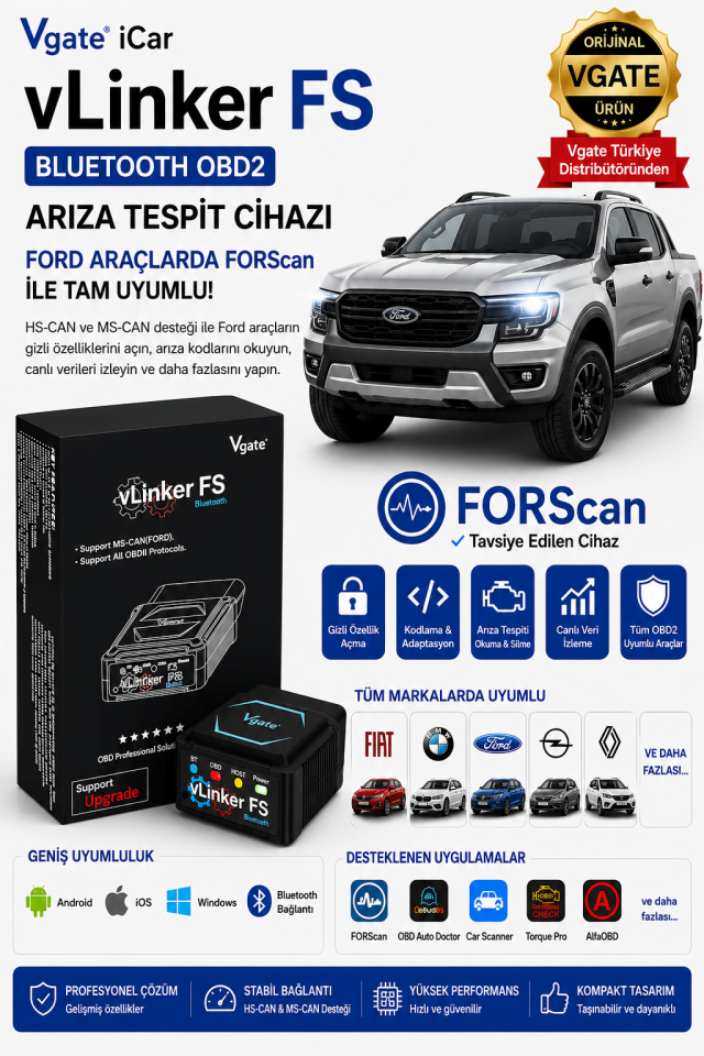 vLinker FS Bluetooth Ford FORScan Gizli Özellik Açma Ve Arıza Tespit Cihazı HS/MS-CAN
