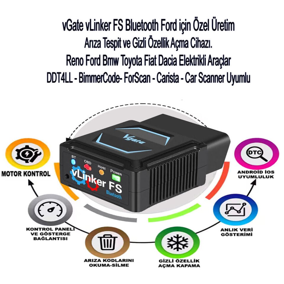 vLinker FS Bluetooth Ford FORScan Gizli Özellik Açma Ve Arıza Tespit Cihazı HS/MS-CAN