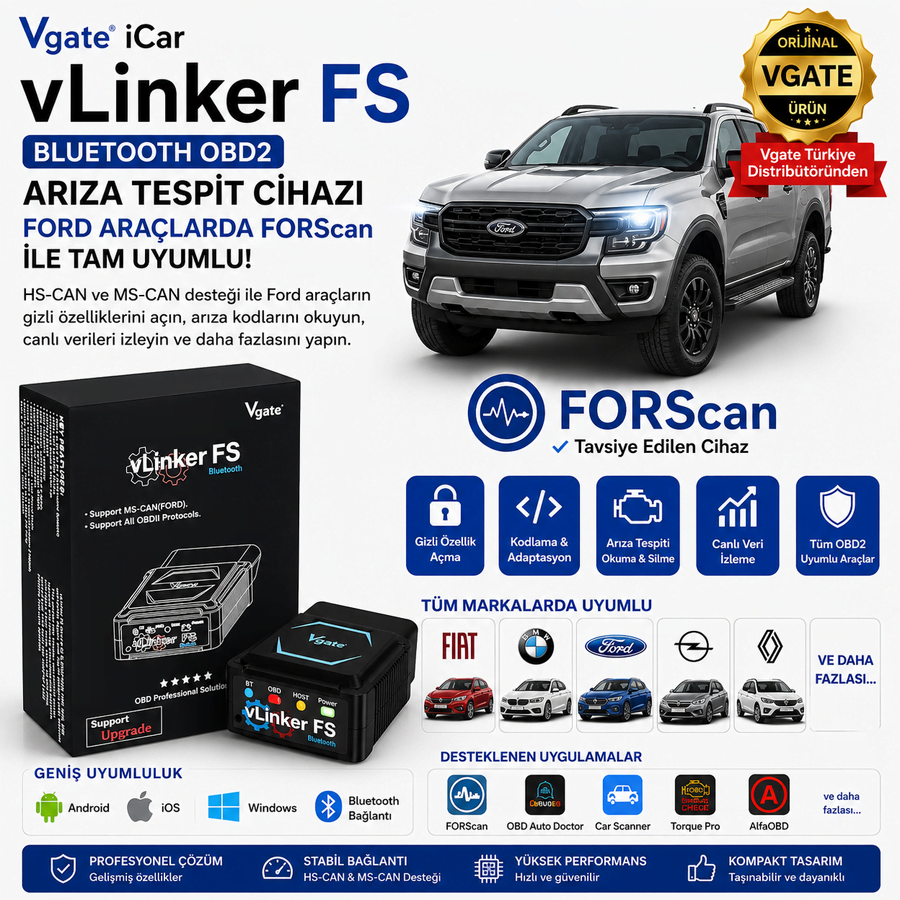 vLinker FS Bluetooth Ford FORScan Gizli Özellik Açma Ve Arıza Tespit Cihazı HS/MS-CAN