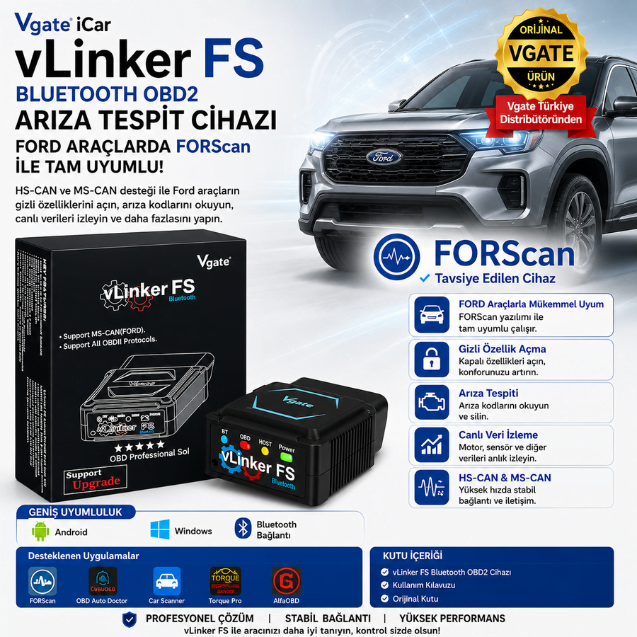 vLinker FS Bluetooth Ford FORScan Gizli Özellik Açma Ve Arıza Tespit Cihazı HS/MS-CAN