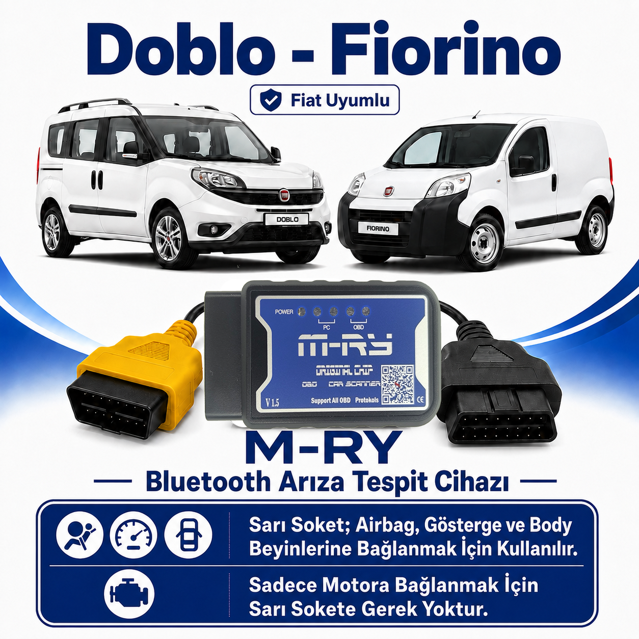 Fiat Doblo Fiorino Modeller İçin Uyumlu M-RY Bluetoothlu Ariza Tespiİt Cihazi + Sarı Servi Soketi