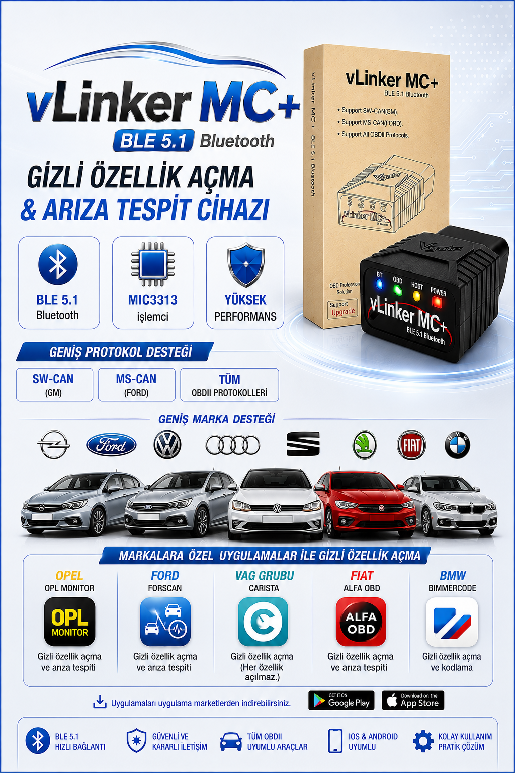 vLinker MC+ Ford Opel Fiat Bmw Gizli Özellik ve Arıza Tespit Cihazı