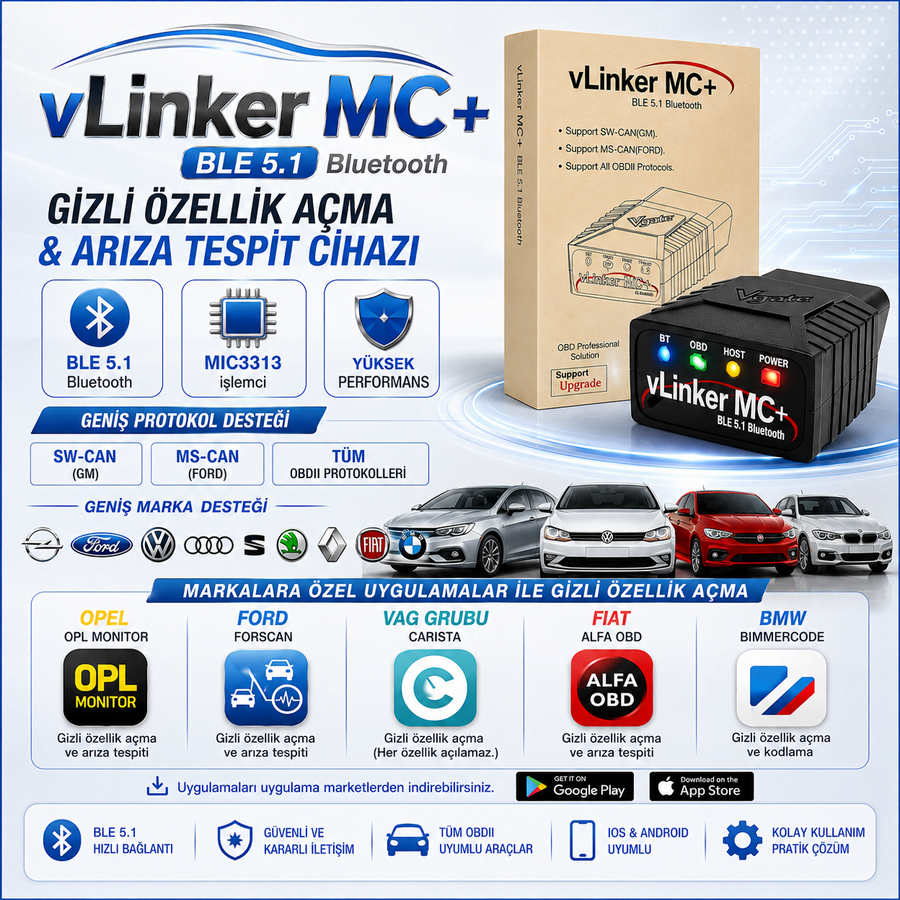 vLinker MC+ Ford Opel Fiat Bmw Gizli Özellik ve Arıza Tespit Cihazı