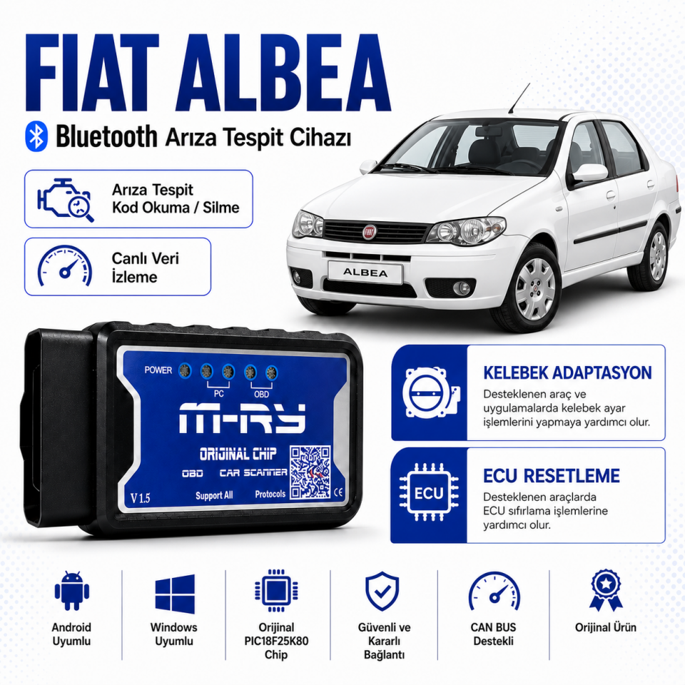 M-RY Fiat Egea Linea Doblo Fiorino Marea Albea Palio 500 Stilo Uyumlu Blutooth Arıza Tespit Cihazı