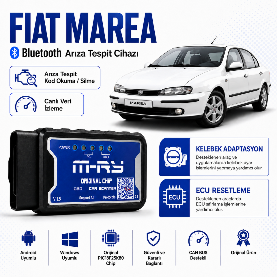 M-RY Fiat Egea Linea Doblo Fiorino Marea Albea Palio 500 Stilo Uyumlu Blutooth Arıza Tespit Cihazı