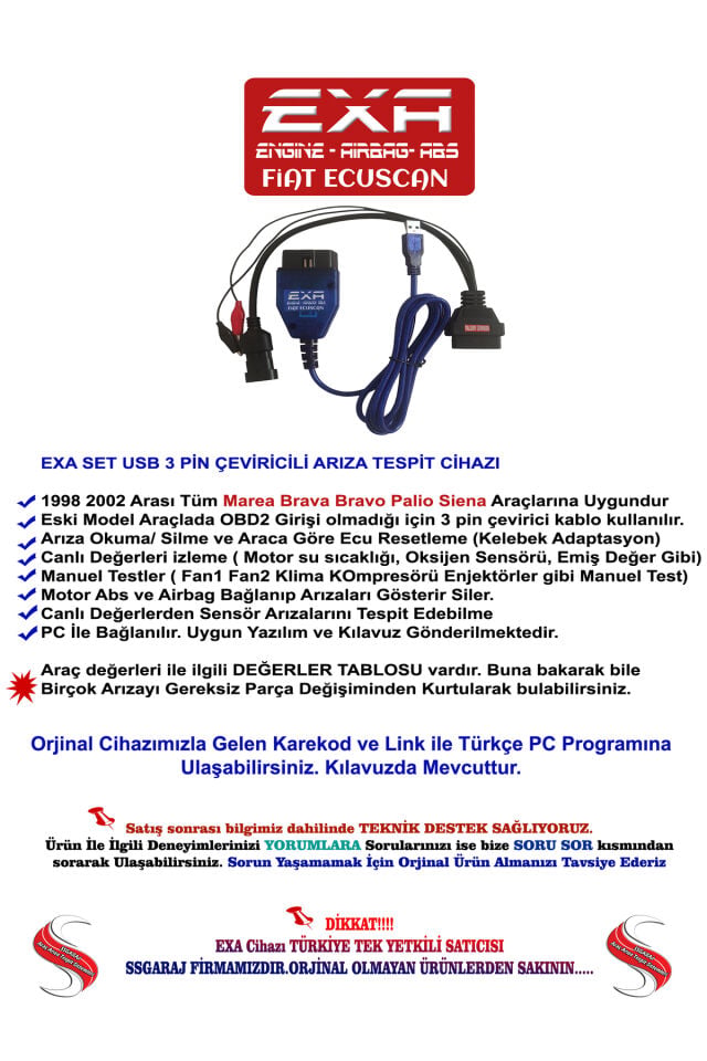 Exa ve 3 Pin Soketli Set Marea Brava Bravo Siena Palio Uyumlu Arıza Tespit Cihazı