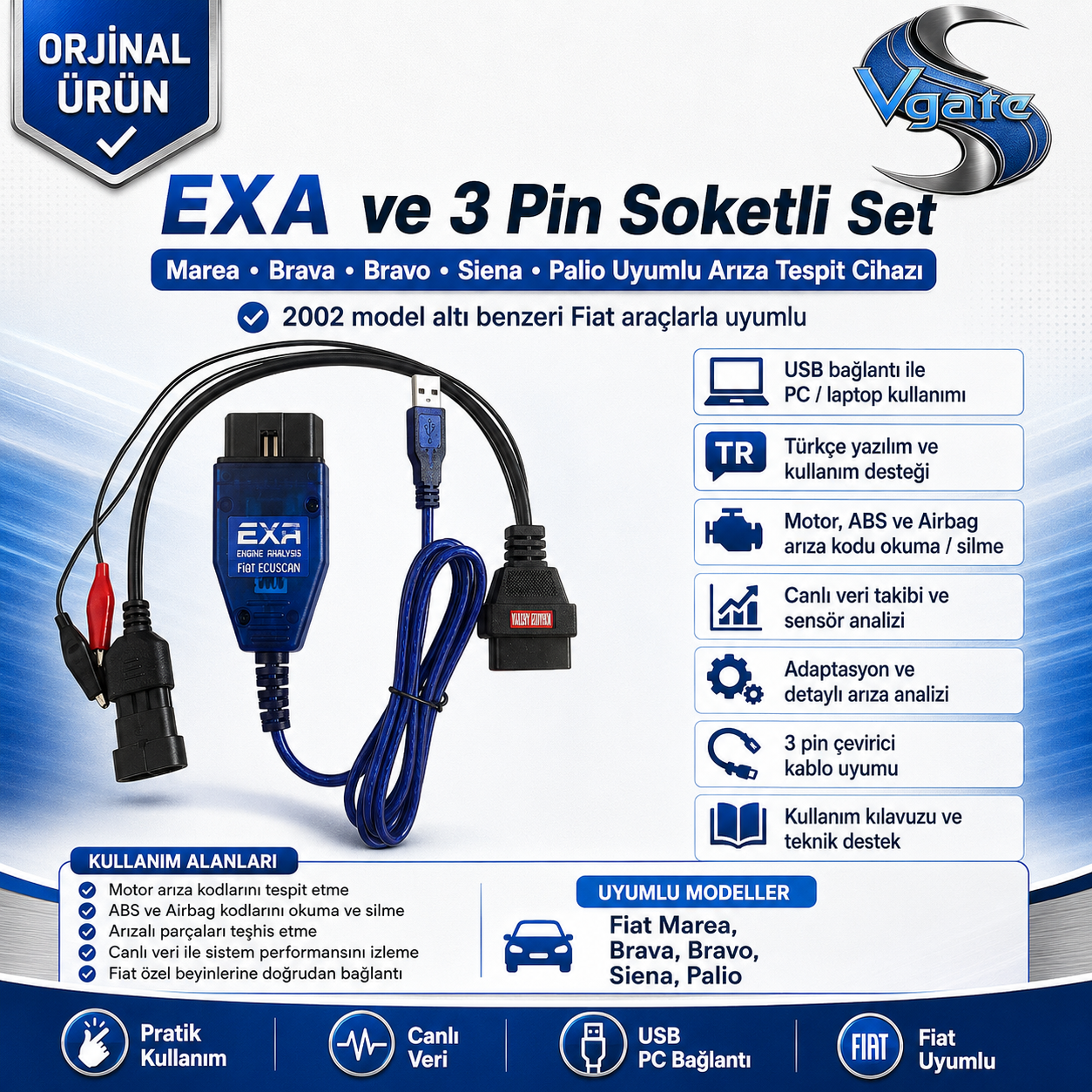 Exa ve 3 Pin Soketli Set Marea Brava Bravo Siena Palio Uyumlu Arıza Tespit Cihazı