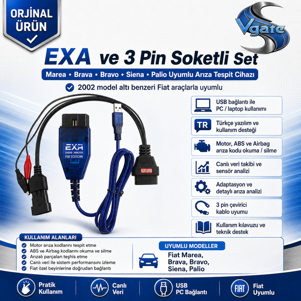 Exa ve 3 Pin Soketli Set Marea Brava Bravo Siena Palio Uyumlu Arıza Tespit Cihazı